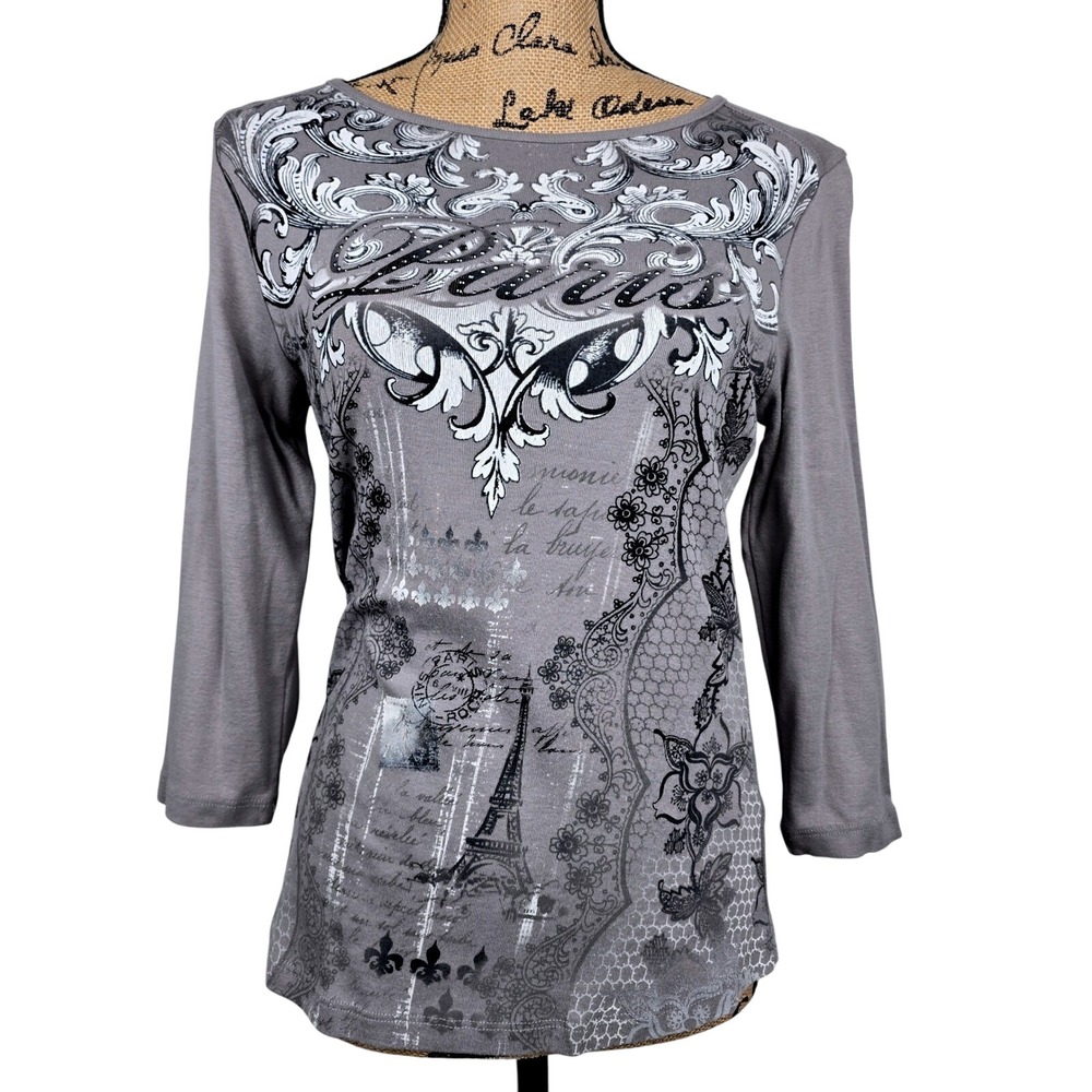 Blue Canyon Clothing Paris Eiffel Tower T Shirt Women's Small Gray 3/4 Sleeve‎